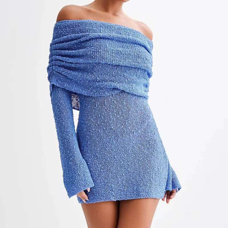 Off-Shoulder Sheath Mini Dress - M, Blue image
