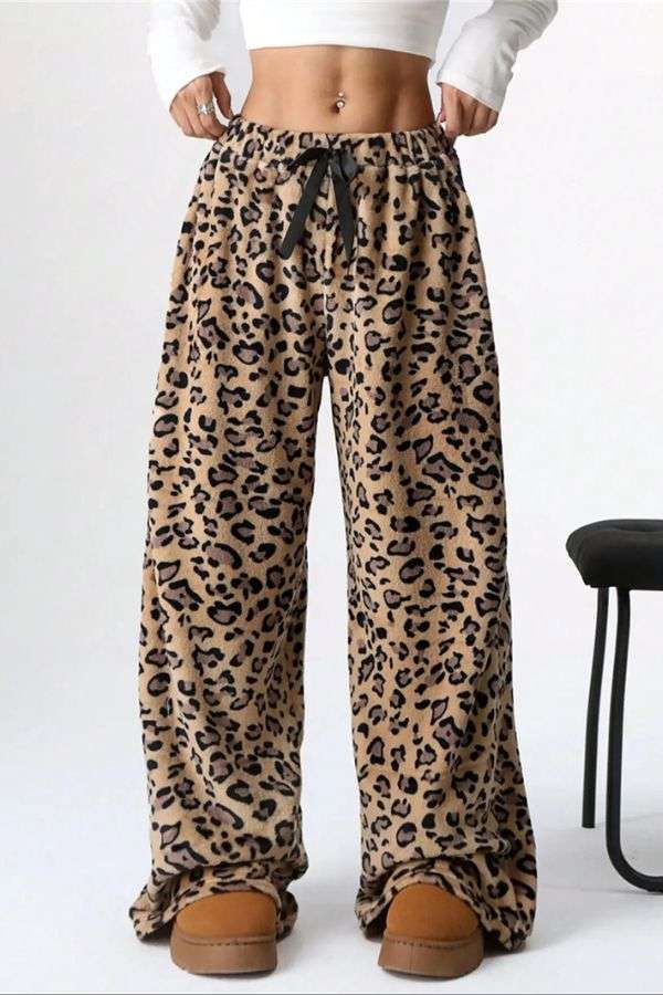 Leopard Print Wide Legs Pants - XL, Multi Brown image