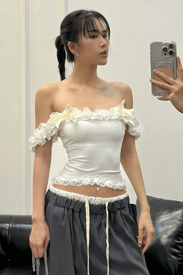 Lace Panel Ruffled-Trim Bow Accent Slim-Fit Crop Tank Top image 1