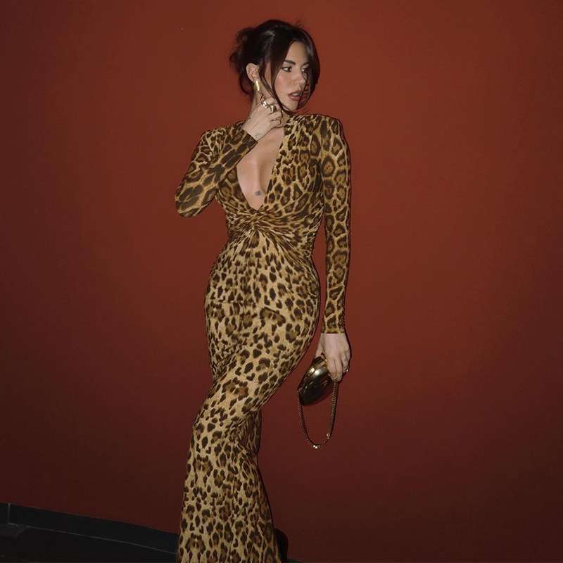 Leopard Print Maxi Dress with Long Sleeves - M, Brown image