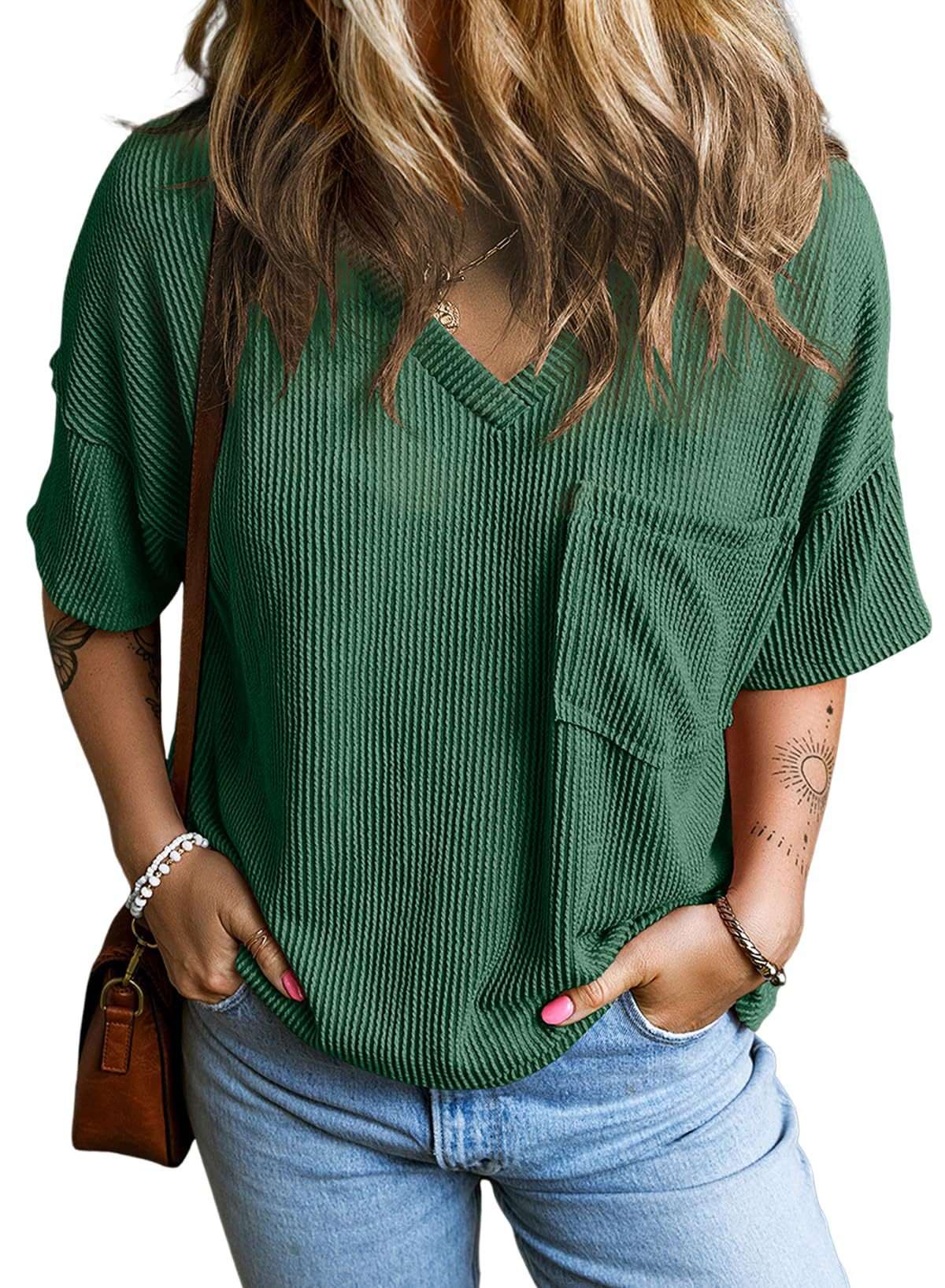 Textured V-Neck Short Sleeve Top - S, Green image