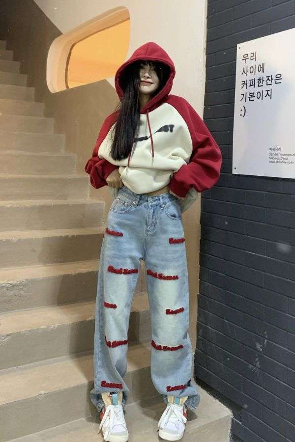 Embroidered Letters Solid Straight High Waist Jeans image 1