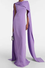 Pleated Maxi Dress with Draped Cape - Violet Purple, M image