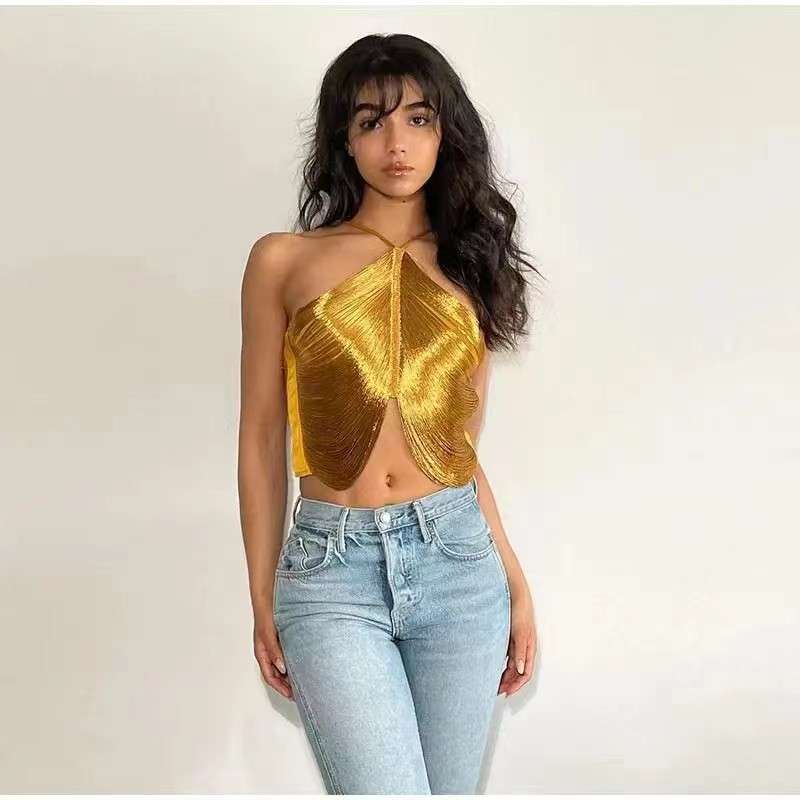 Metallic Halter Crop Top - L, Gold image