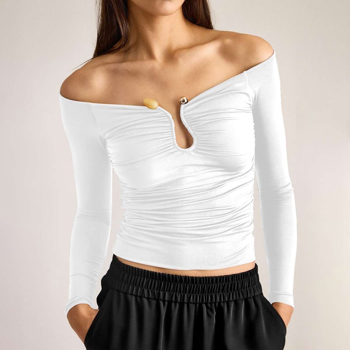 Off Shoulder Shirt with Buckle Decoration - S, White image