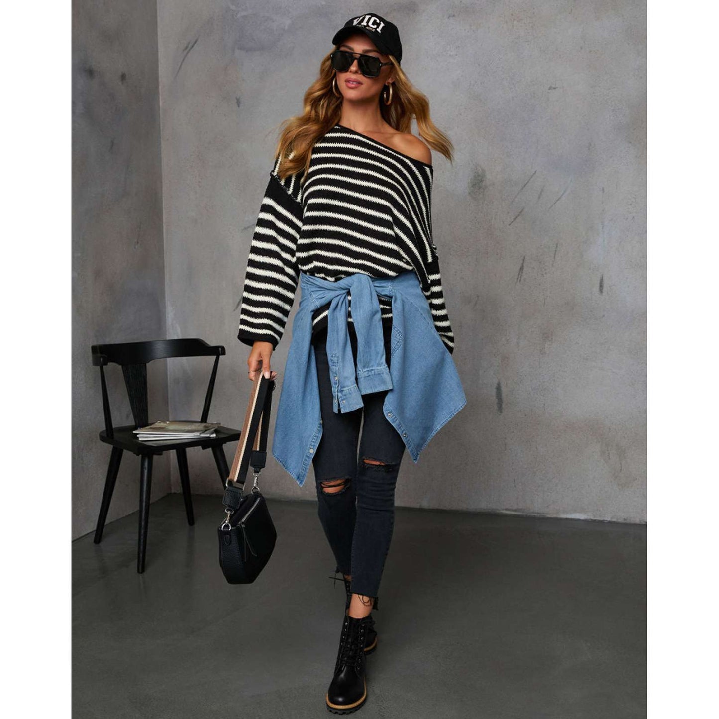 Striped Loose Bat Long Sleeve Sweater image 3