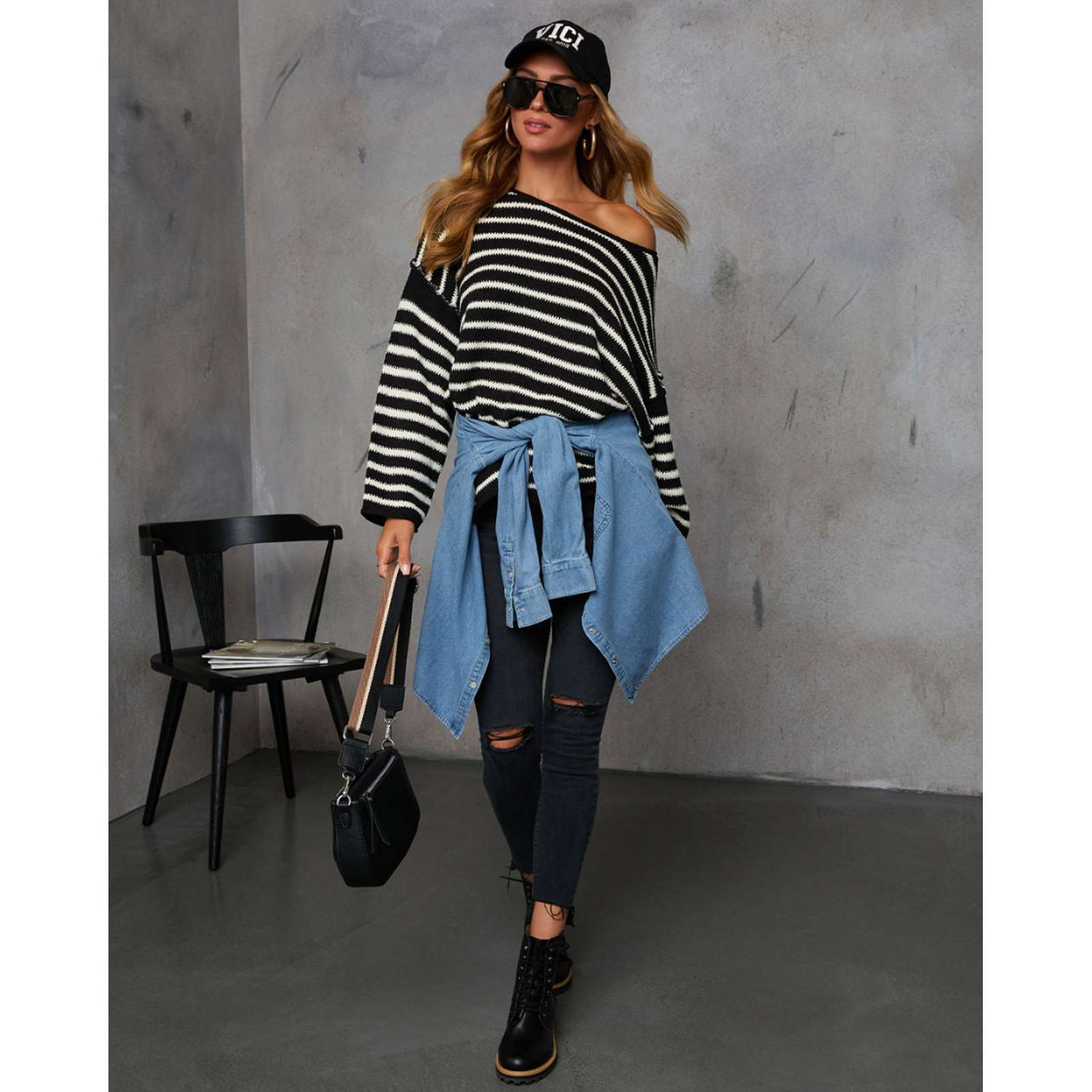 Striped Loose Bat Long Sleeve Sweater image 3