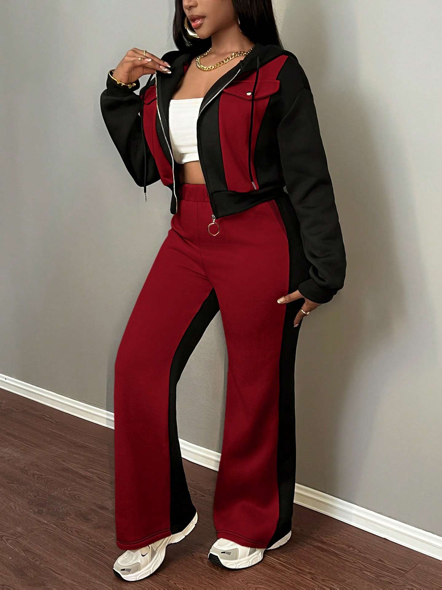 Colorblock Cropped Hoodie and Wide-Leg Pants Set - M, Red image