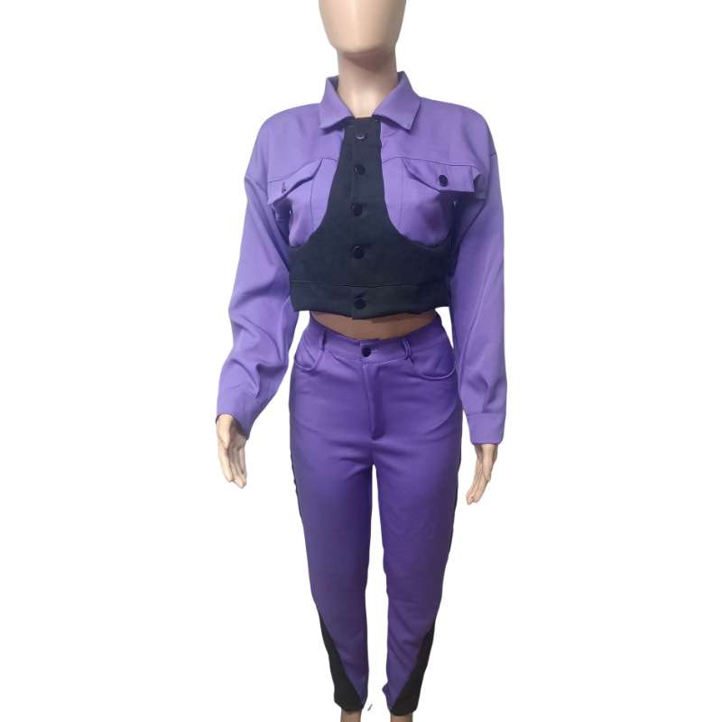 Casual Patchwork Long Sleeve Top and Pants Set image 4