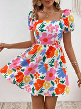Floral Square Neck Dress with Puffed Sleeves - M, Red image