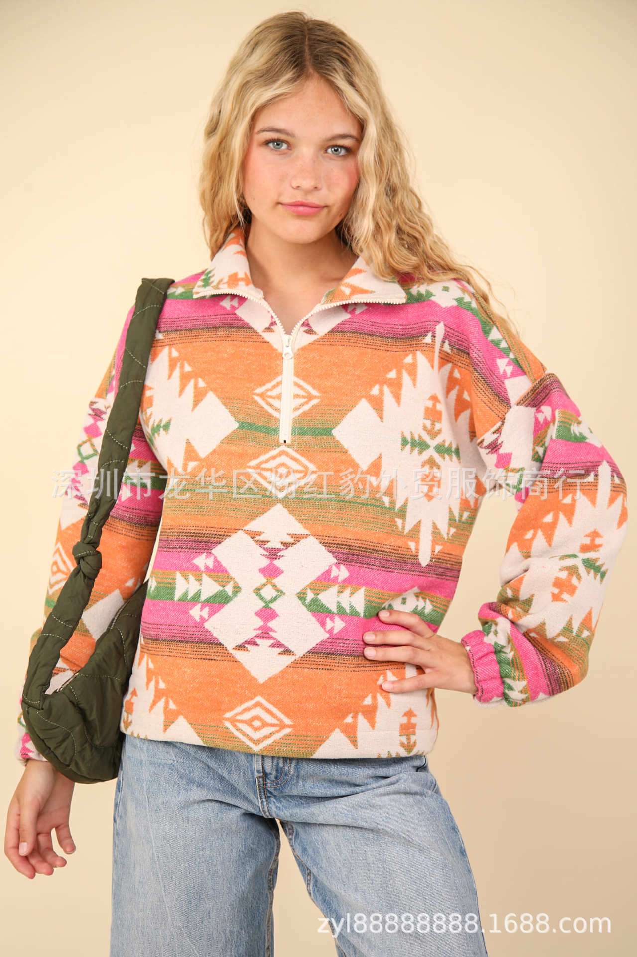 Long Sleeve Aztec Print Zipper Pullover - M, Multi Pink image