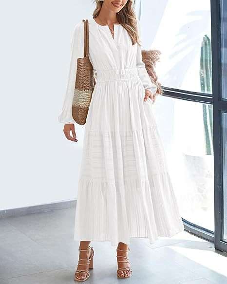 Elegant Long Sleeve Maxi Dress - L, White image