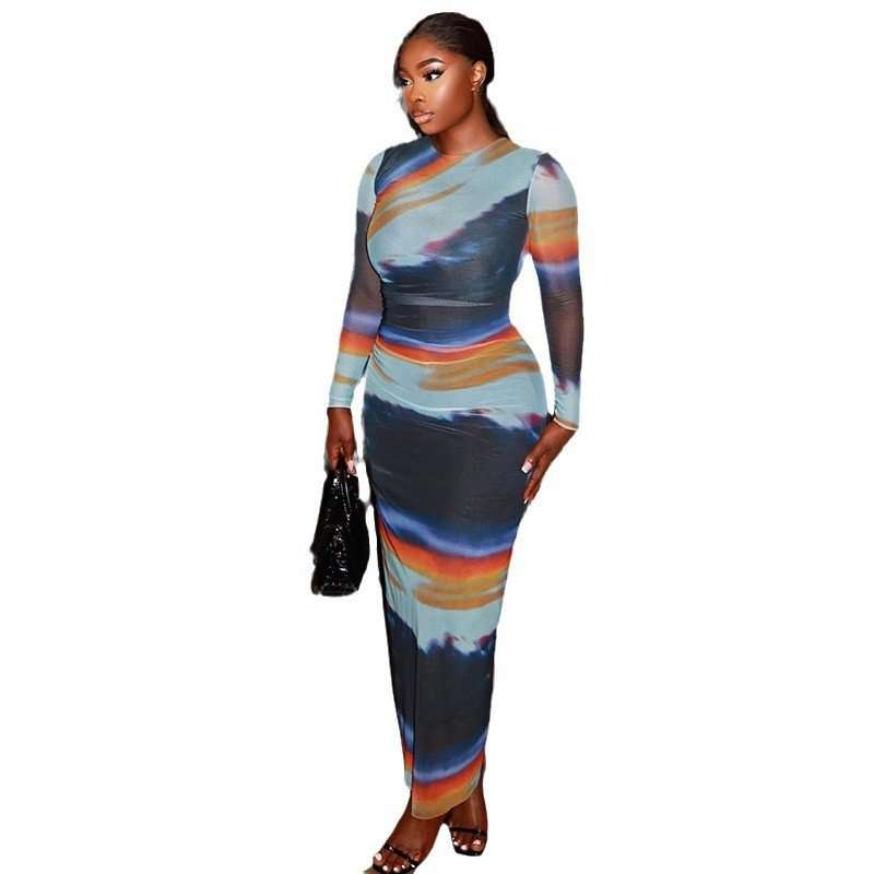 Abstract Printed Bodycon Maxi Dress - L, Multi Blue image