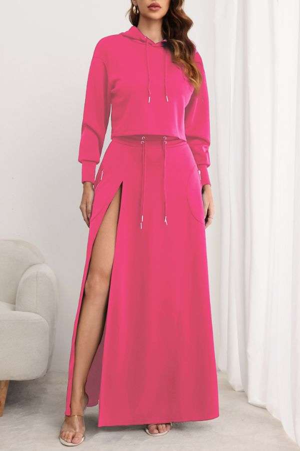 Casual 2 Piece Sweatshirts Split Skirt Sweatsuit - M, Rose image