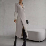 Ribbed-knit Wrap Midi Dress - L, Abbey Stone Beige image