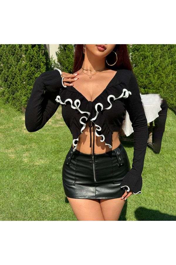 Lace-Up Long Sleeve Top Sweater Cardigan - L, Black image