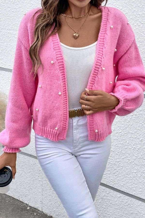 Pearl Beaded Drop Shoulder Duster Cardigan - L, Pink image