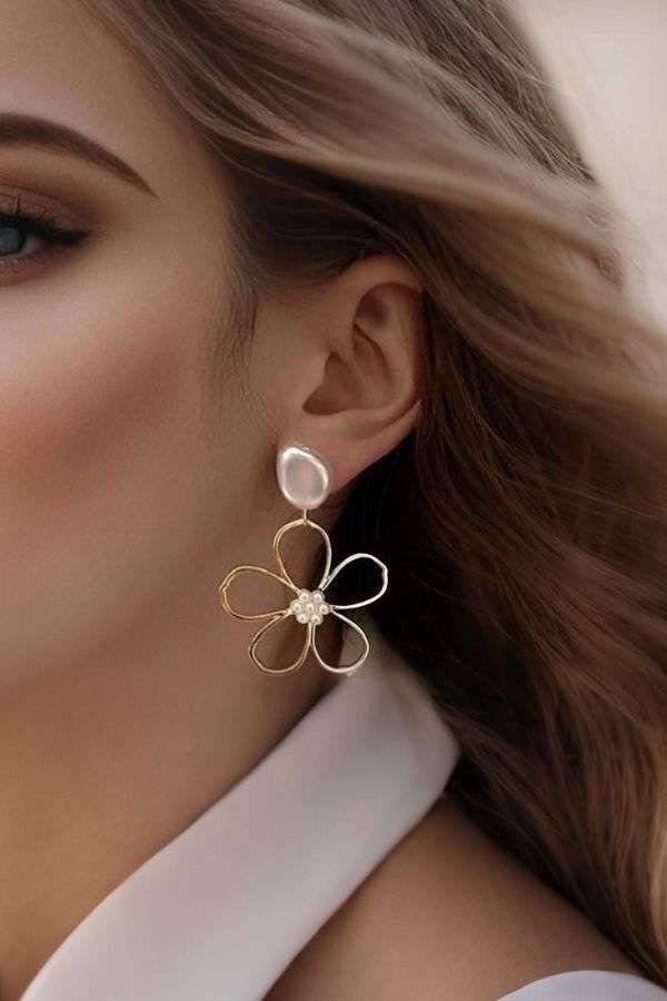 Elegant Gold and Pearl Flower Drop Earrings image 0