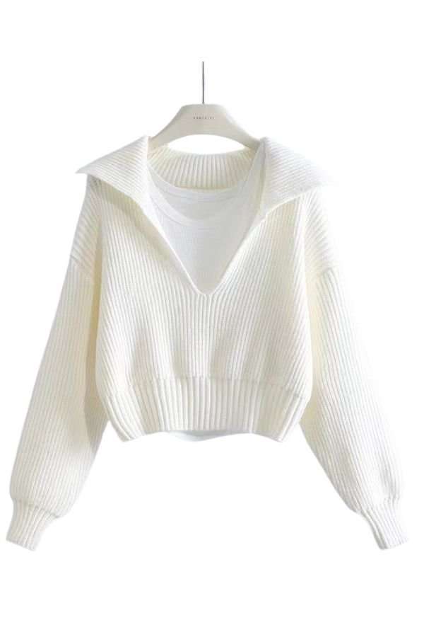 Cropped Knit Pullover Sweater - S, White image