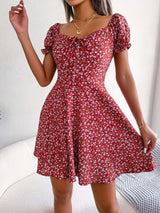 Floral Puff Sleeve A-Line Mini Dress - M, Multi Red image