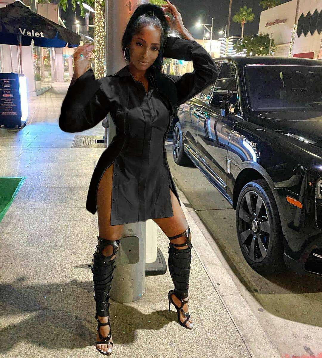 Button-Down Shirt Dress with Side Zippers - L, Black image