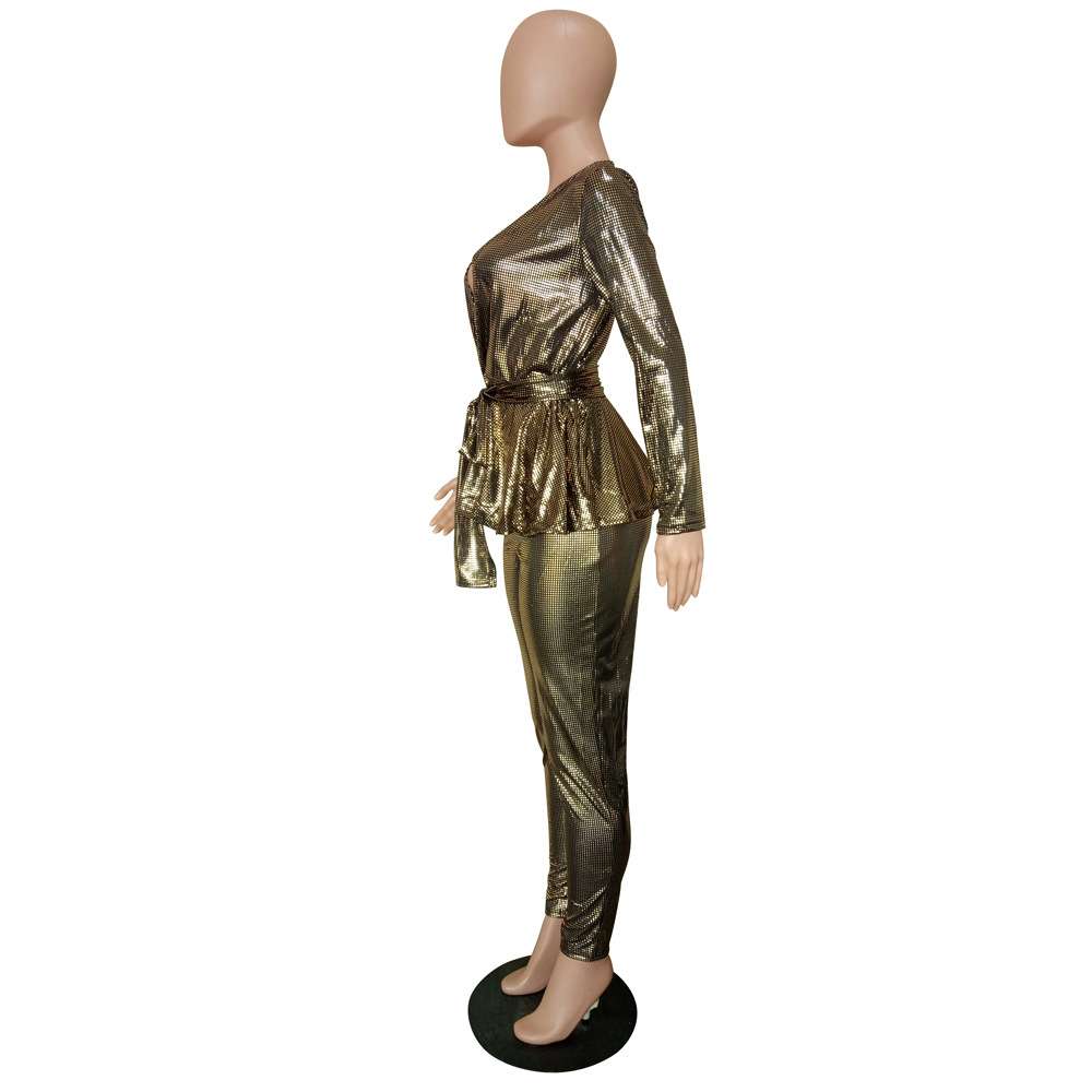 Sequin Long Sleeve Ruffle Hem Suit image 6