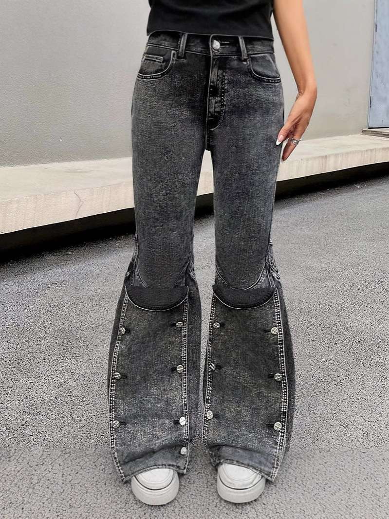 Pocket Patchwork Fringed Flare Casual Jeans image 2