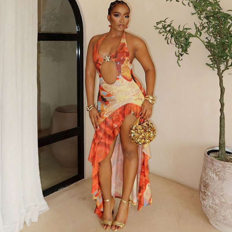 Cut-Out Halter Maxi Dress with Ruffled Hem - L, Orange image