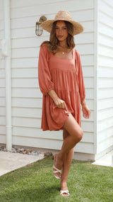 Puff Sleeve Babydoll Dress - L, Orange image