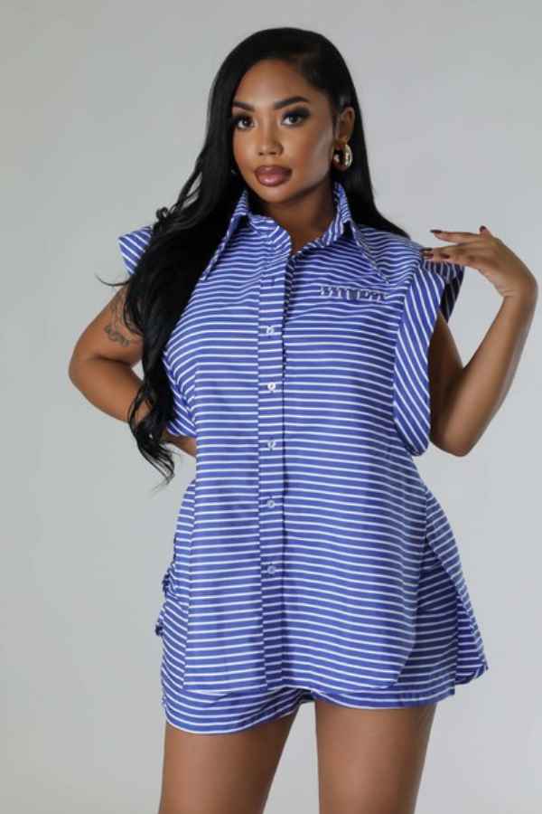 Striped ButtonDown Sleeveless Top Two Piece Shorts Set image 2