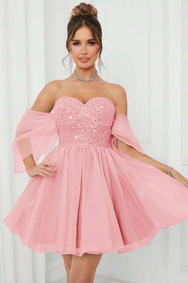 Elegant Off-Shoulder Pink Cocktail Dress - M, Pink image