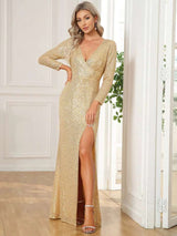 Shiny V Neck Sequin Long Sleeves Evening Dress - XL, Beige image