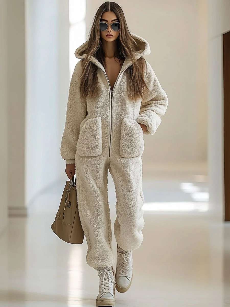 Plush Hooded Jumpsuit with Pockets - L, Beige image