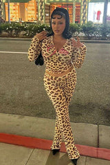 Leopard Print Hooded Crop Tops Pants Set - S, Brown image