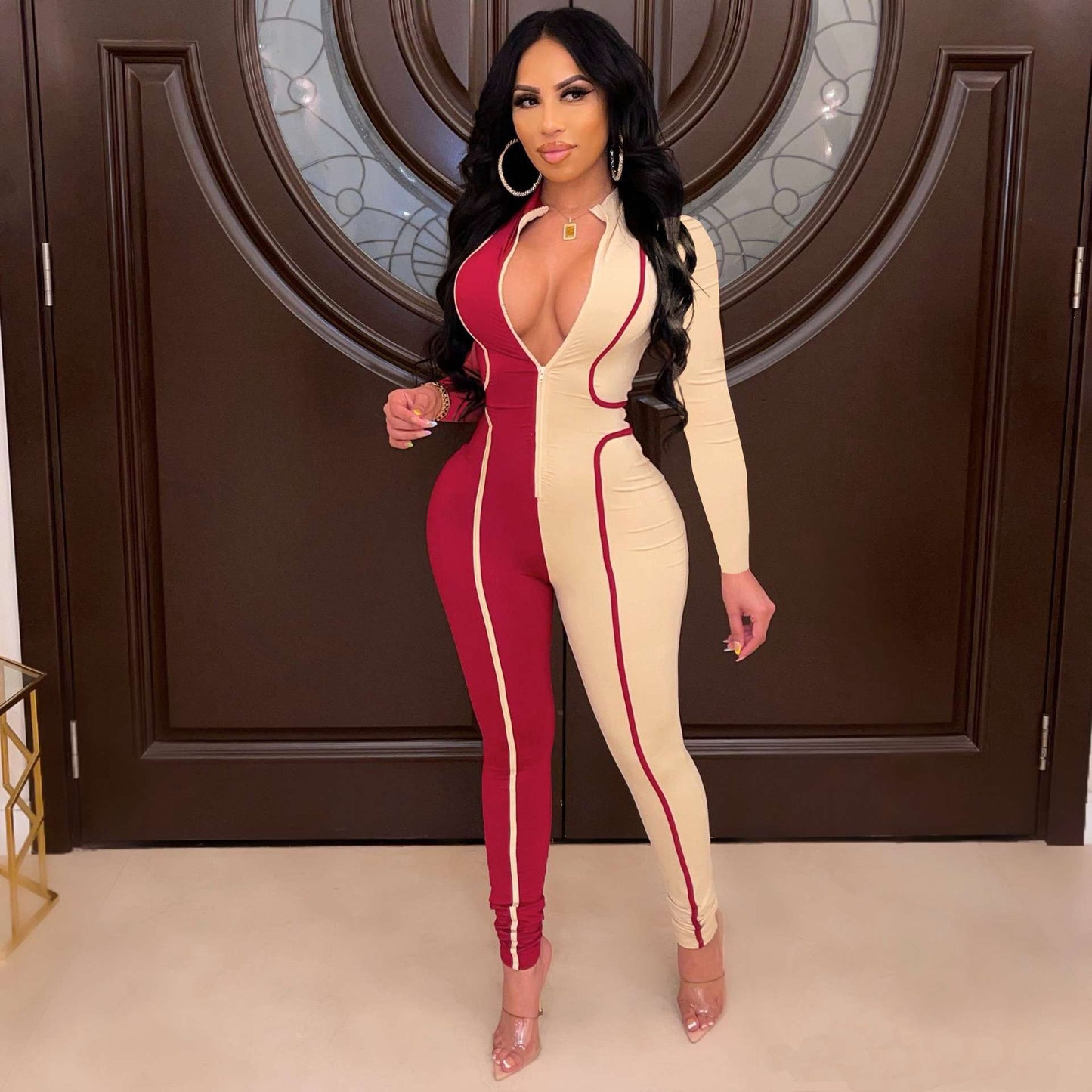 Fashion Printed Clubwear Zipper Skinny Jumpsuit - S, Multi Red image