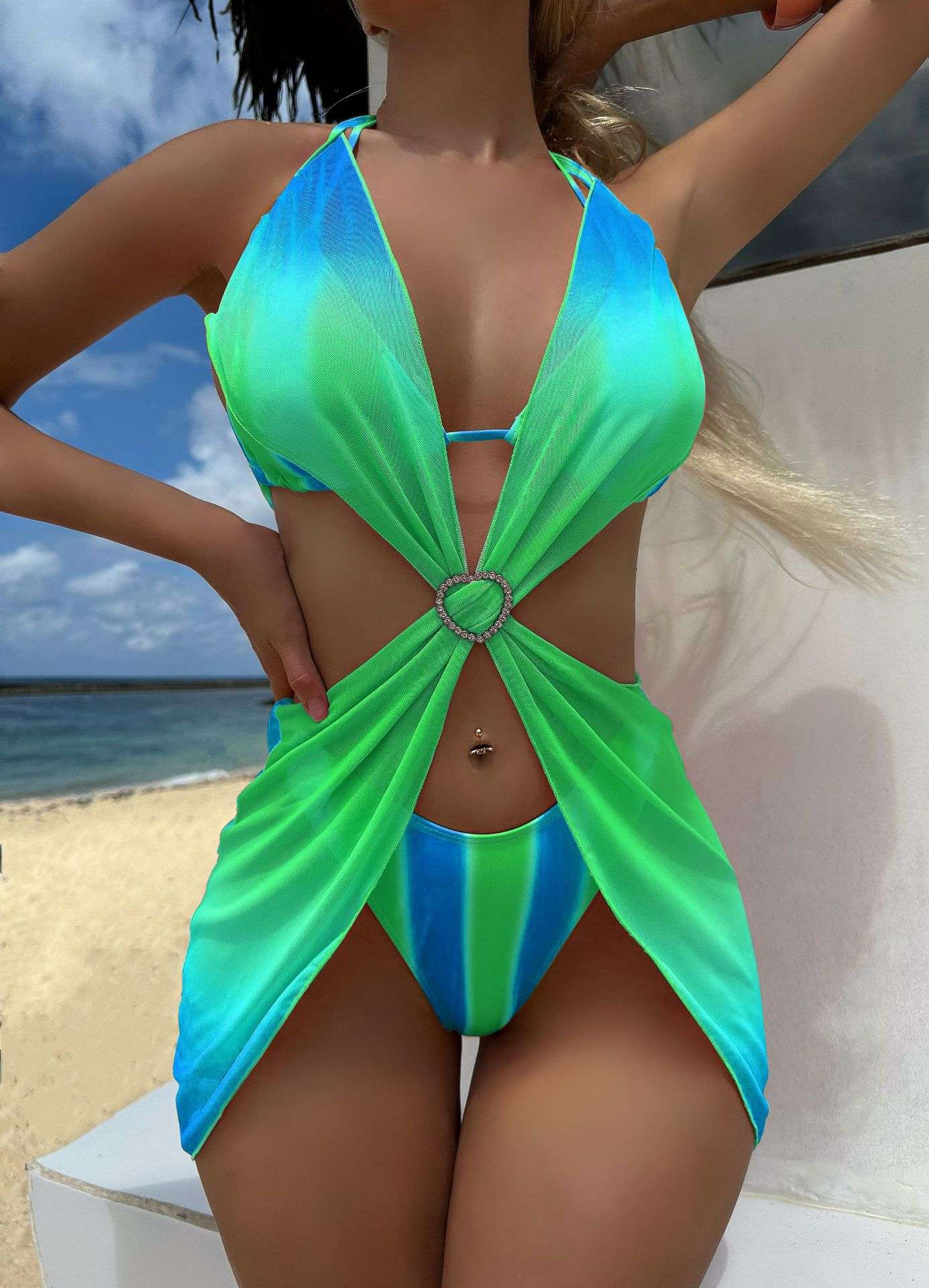 Vibrant Tie-Dye Beach Cover-Up - L, Green image