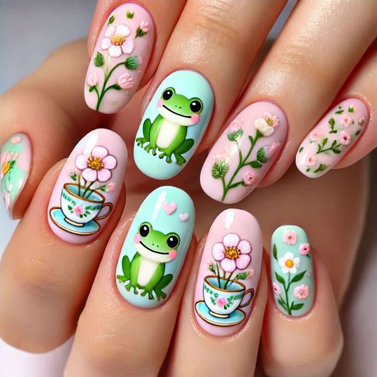 Floral and Froggy Nail Art Design image 1