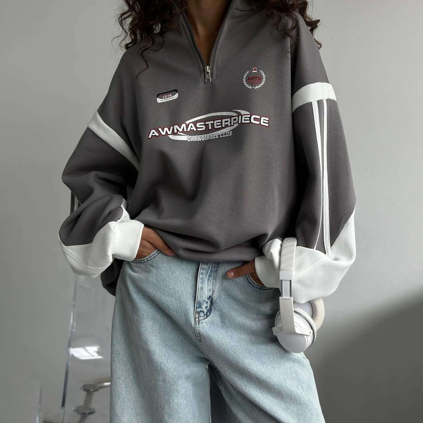 Casual Quarter-Zip Sports Pullover - M, Grey image