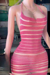 Sexy Mesh Patched Halter Neck Backless Knit Maxi Dress image 4