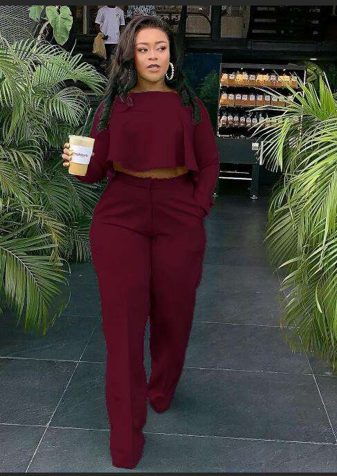 Crop Top Loose Pants Two Piece Casual Suits - S, Wine Red image