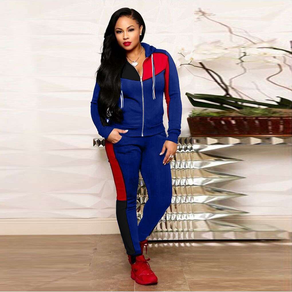 Color Block Two Piece Activewear Zipper Up Set - XL, Blue image