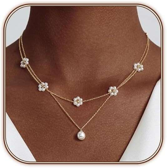 Gold Necklace with Pearl and Floral Crystal image 2