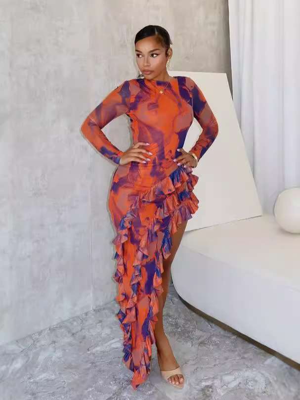 Ruffled V Back Maxi Dress - S, Multi Orange image