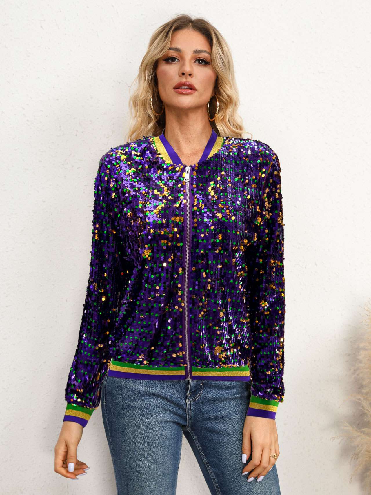 Sequin Stripe Zip-Up Bomber Jacket - XL, Purple image
