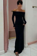 Off shoulder Long Sleeve Maxi Dress - M, Black image