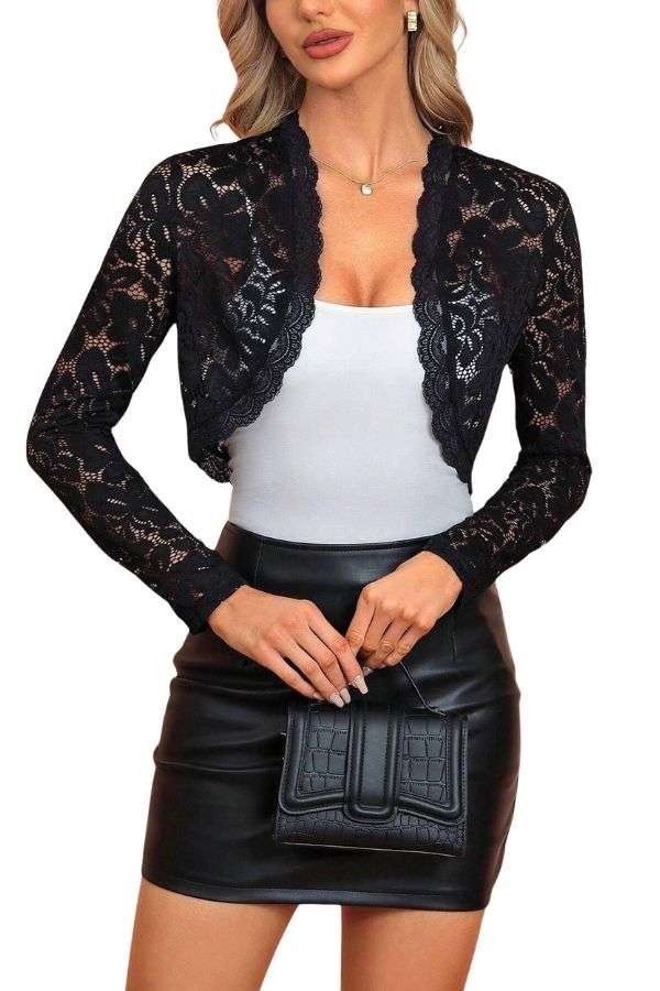 Lace Open Front Long Sleeve Jacket - XL, Black image