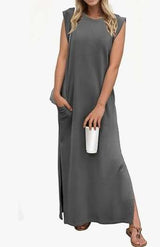 Sleeveless Maxi Dress with Side Slits - M, Grey image