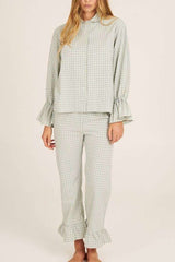 Casual 2-piece Suit Bell Sleeve Top Mesh Trousers - M, Light Green image