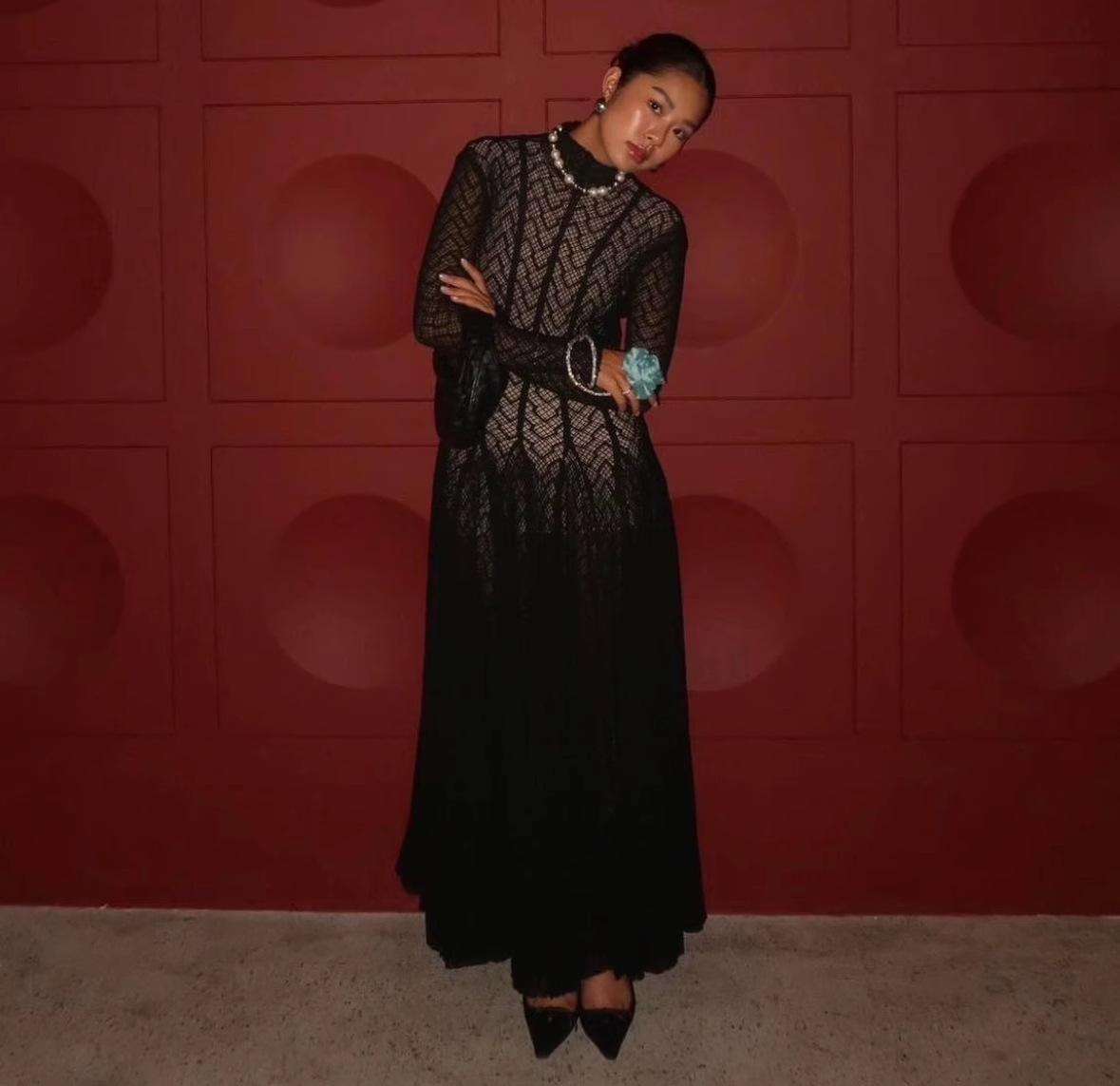 Lace Long Dress with Sheer Detailing - L, Black image