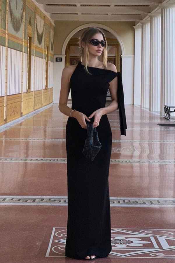 Knot Tie Asymmetric Shoulder Solid Color Maxi Dress image 0